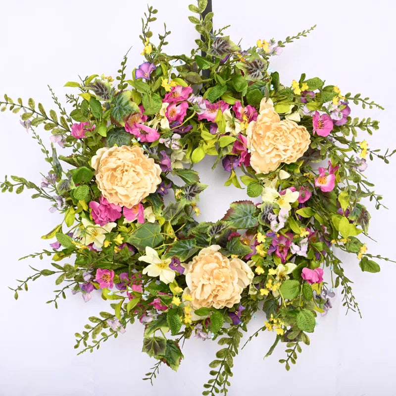 26" Handcrafted Faux Peony Morning Glory Silk Wreath for Front Door