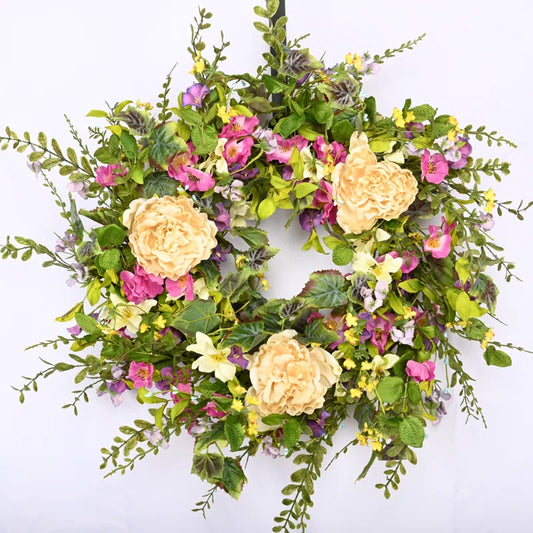 26" Handcrafted Faux Peony Morning Glory Silk Wreath for Front Door