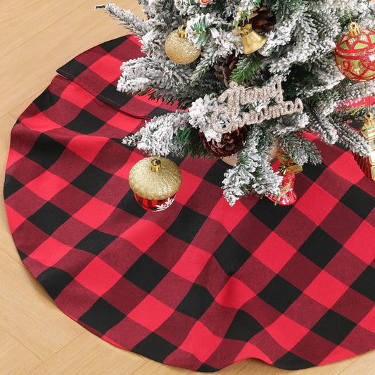 Christmas Tree Skirt Red Black Buffalo Plaid Tree Skirt Small 24 Inch Cotton Linen Fabric for Fall Farmhouse Thanksgiving Xmas Holiday Check Tree Skirts Decorations