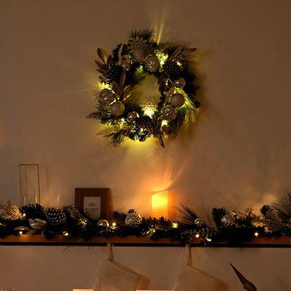 24 Inches Pre-Lit Christmas Wreath Silver White Lighted Wreath with Pine Cone & Snowflake & Silver White Ornament Perfect Gift for Wedding Valentine'S Day Party Front Door Decoration