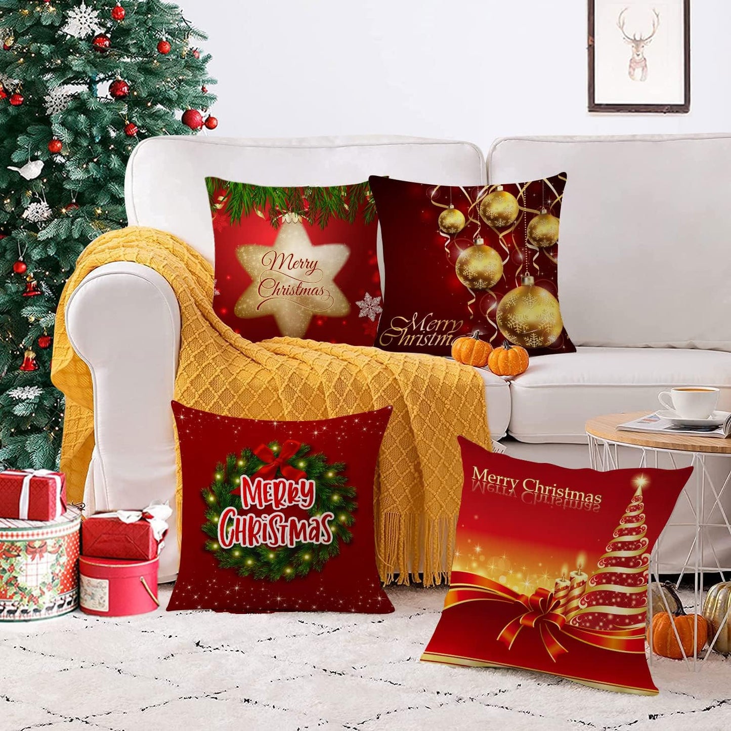 Set of 4 Christmas Pillow Covers 20X20 Inch Xmas Pillow Cases Velvet Throw Pillow Covers Red Gold Winter Holiday Cushion Covers Outdoor Couch Sofa Home Decorations for New Year
