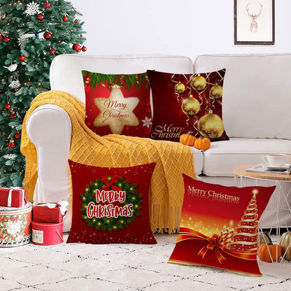 Set of 4 Christmas Pillow Covers 20X20 Inch Xmas Pillow Cases Velvet Throw Pillow Covers Red Gold Winter Holiday Cushion Covers Outdoor Couch Sofa Home Decorations for New Year