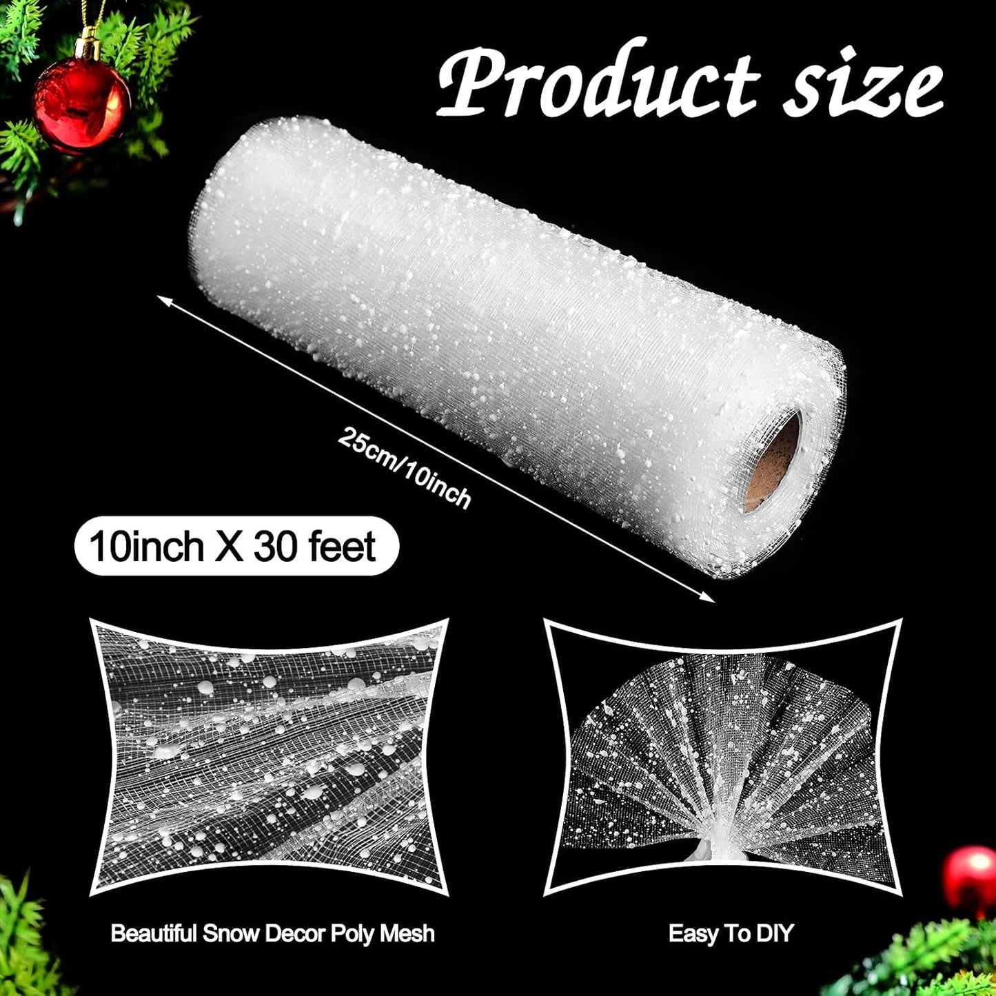 10 Inch X 30 Feet Christmas Snow Poly Mesh Ribbon Decorated Snowball Mesh Ribbon for Christmas Graduation Party Decoration (White)