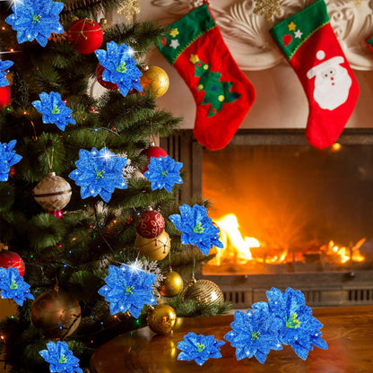 24 Pieces 3 Size Christmas Glitter Poinsettia Flowers Wedding Faux Flowers Christmas Ornaments for Christmas Tree New Year Home Outdoor Decoration, 3/4/6 Inches