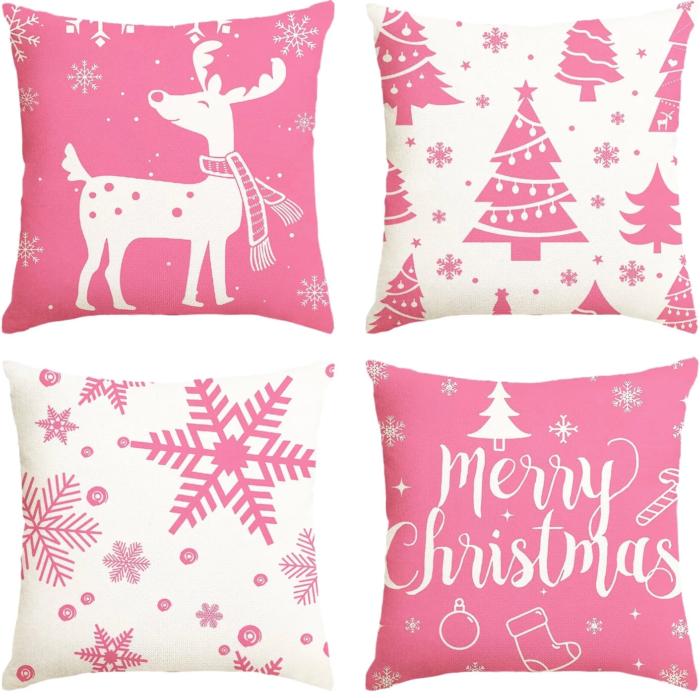 Christmas Throw Pillow Covers 18''X18'' Set of 4 Decorative Holiday Pillows Cover Cases Farmhouse Decor for Xmas Decoration Home Couch Sofa, Pink