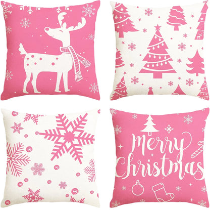 Christmas Throw Pillow Covers 18''X18'' Set of 4 Decorative Holiday Pillows Cover Cases Farmhouse Decor for Xmas Decoration Home Couch Sofa, Pink