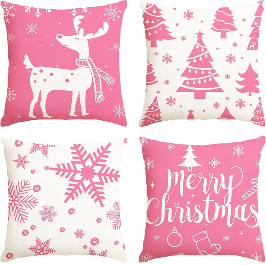 Christmas Throw Pillow Covers 18''X18'' Set of 4 Decorative Holiday Pillows Cover Cases Farmhouse Decor for Xmas Decoration Home Couch Sofa, Pink