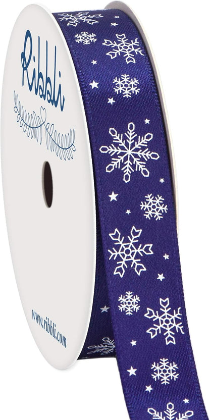 Satin Snowflake & Star Craft Ribbon,5/8 Inch,10-Yard Spool, Ink Blue,White,Use for Christmas Gift Wrapping,Party Decoration,All Crafting and Sewing