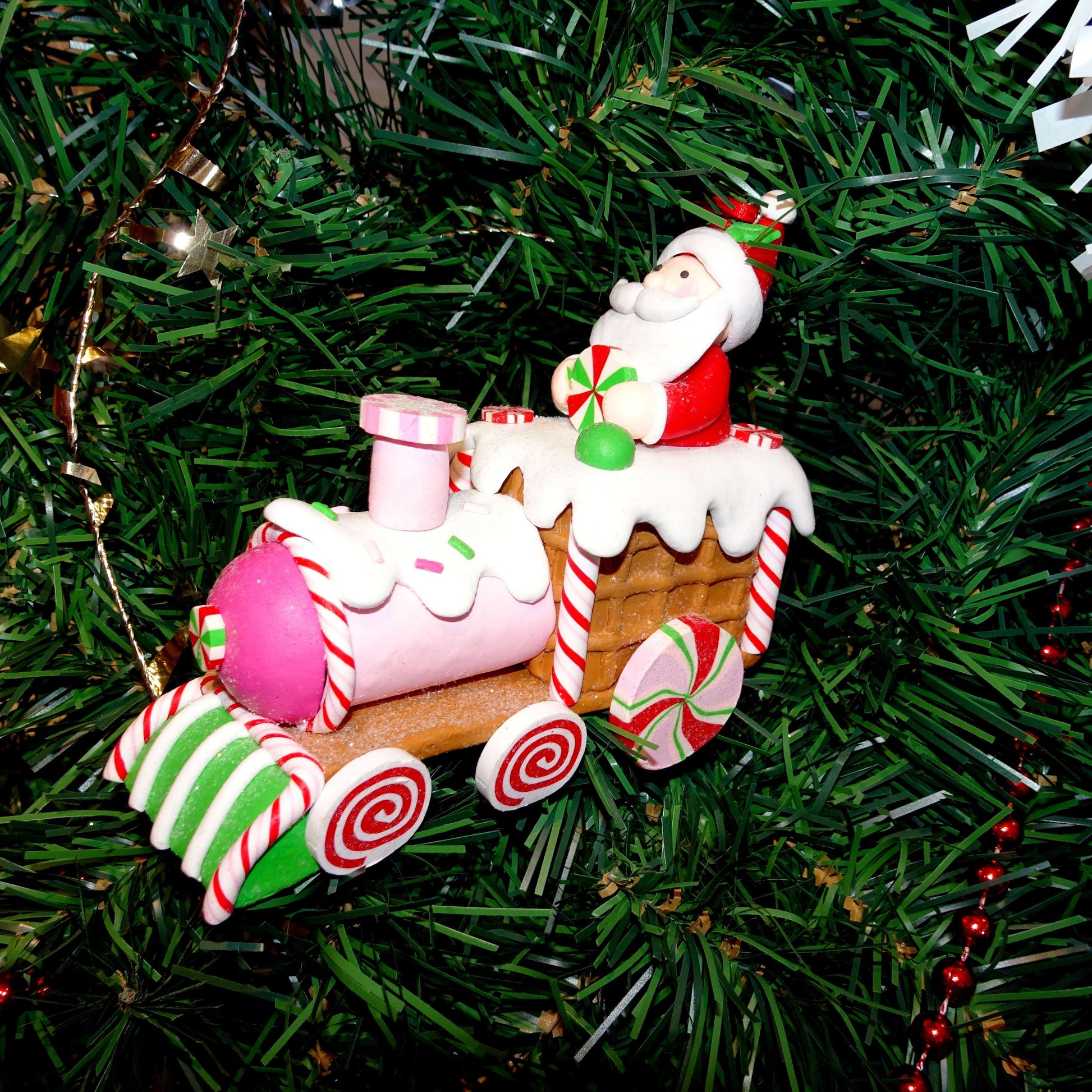 Multicolor Clay Dough Gingerbread Santa on Train Christmas Ornament, 5.1", by