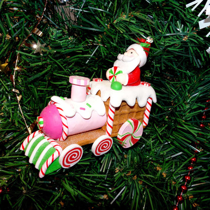 Multicolor Clay Dough Gingerbread Santa on Train Christmas Ornament, 5.1", by