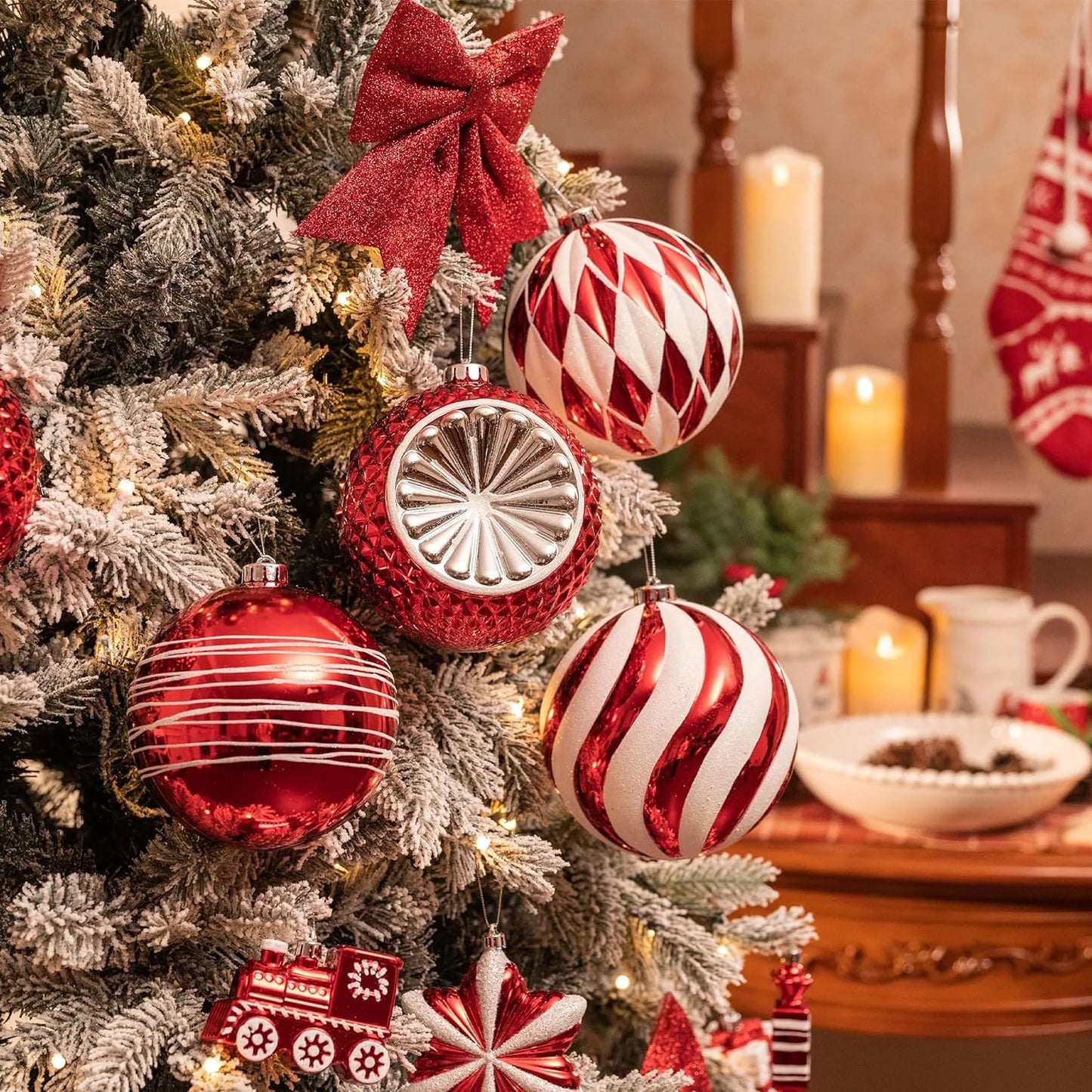 4Ct 5.9" Christmas Ornaments, Red White Christmas Ball Ornaments for Holiday Party Decor