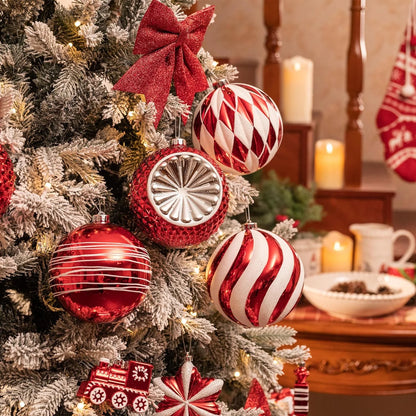 4Ct 5.9" Christmas Ornaments, Red White Christmas Ball Ornaments for Holiday Party Decor