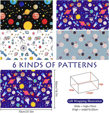 6 Sheets Gift Wrapping Paper Birthday, Boys Outer Space Design Wrapping Paper for Kids Present Birthday Party and Baby Shower