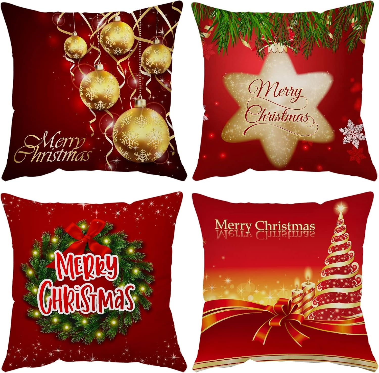 Set of 4 Christmas Pillow Covers 20X20 Inch Xmas Pillow Cases Velvet Throw Pillow Covers Red Gold Winter Holiday Cushion Covers Outdoor Couch Sofa Home Decorations for New Year