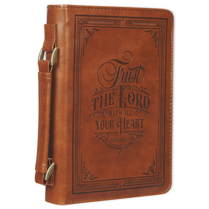Classic Vegan Leather Bible Cover for Men & Women: Trust in the Lord Inspirational Bible Verse, Sturdy Easy Carry Book Case, Pen Loops, Pockets, Accessory Storage, Brown, XL