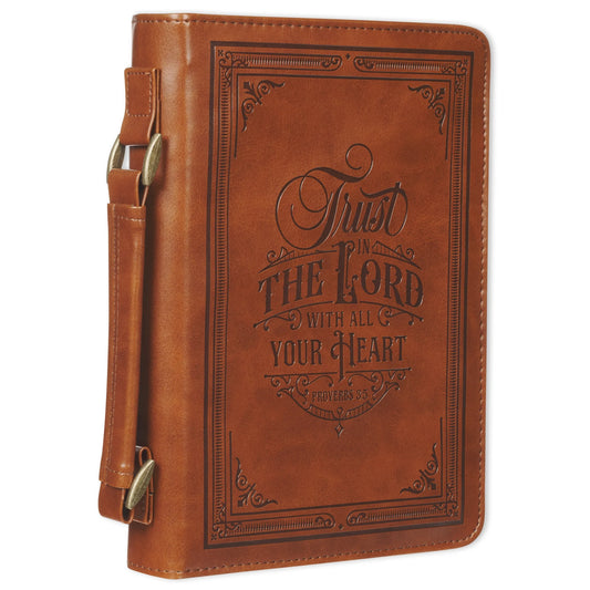 Classic Vegan Leather Bible Cover for Men & Women: Trust in the Lord Inspirational Bible Verse, Sturdy Easy Carry Book Case, Pen Loops, Pockets, Accessory Storage, Brown, XL