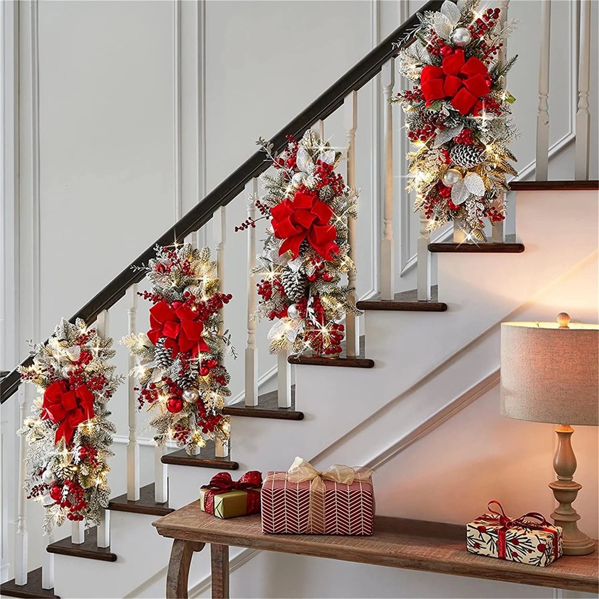 23.62 Inch Christmas Swags & Garlands with Lights Cordless Stairway Prelit Stair Swag Christmas Lighted Garland Ornament Outdoor Door Hanging