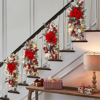 23.62 Inch Christmas Swags & Garlands with Lights Cordless Stairway Prelit Stair Swag Christmas Lighted Garland Ornament Outdoor Door Hanging