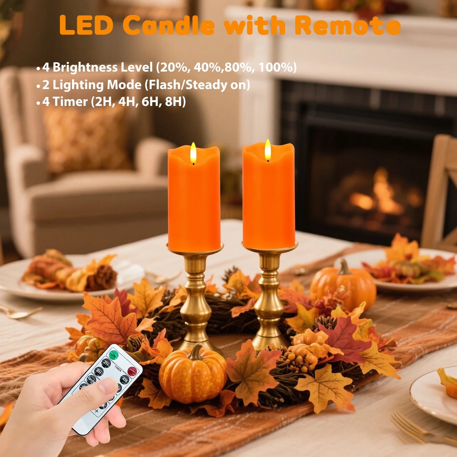 Flameless Candles Lights, Set of 2 Orange Flickering LED Candles with Remote & Timer, Dimmable LED Pillar Candles Battery Operated, Electric Candles for Fall Halloween Thanksgiving Decor