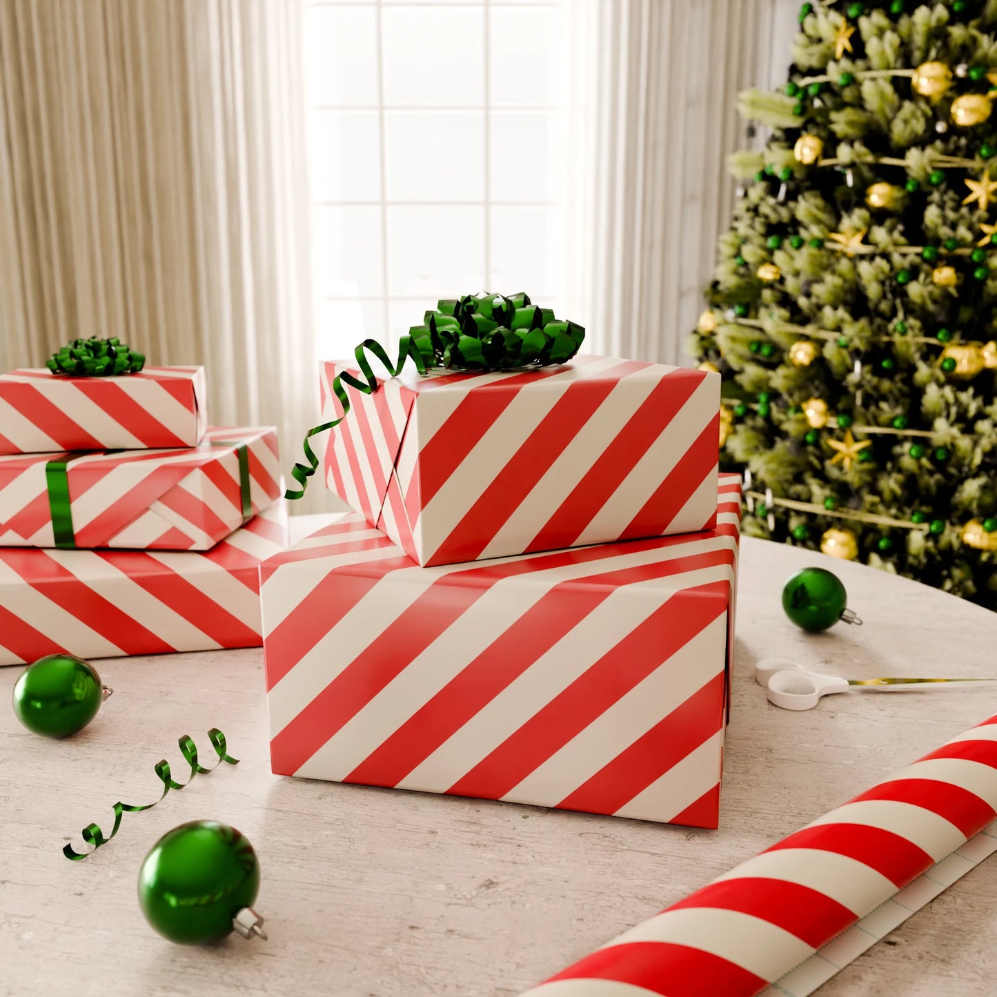 30 In. Diagonal Stripes Christmas Wrapping Paper with Cutlines, Red and Ivory (100 Sq. Ft., 1-Roll)