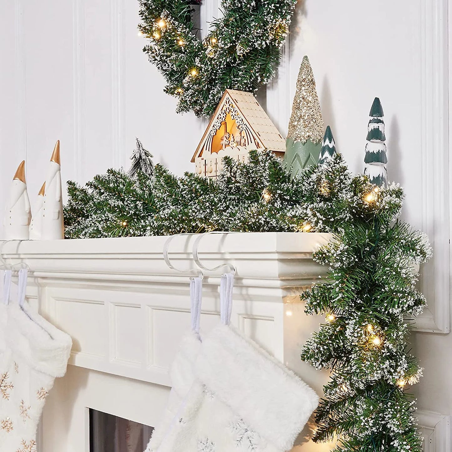 18Ft Christmas Garland with Battery Operated 50 LED Lights and Timer Snow Flocked Christmas Decorations Xmas Garland for Stairs Fireplaces Wall Door Xmas Garland