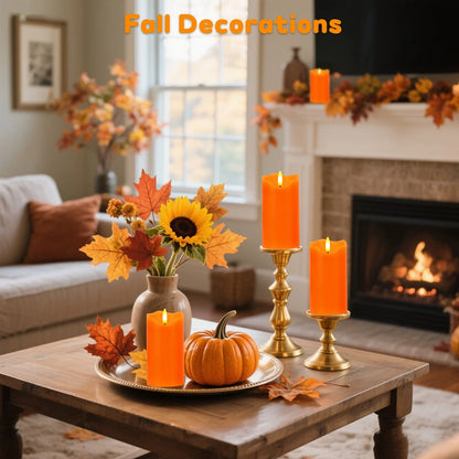 Flameless Candles Lights, Set of 2 Orange Flickering LED Candles with Remote & Timer, Dimmable LED Pillar Candles Battery Operated, Electric Candles for Fall Halloween Thanksgiving Decor