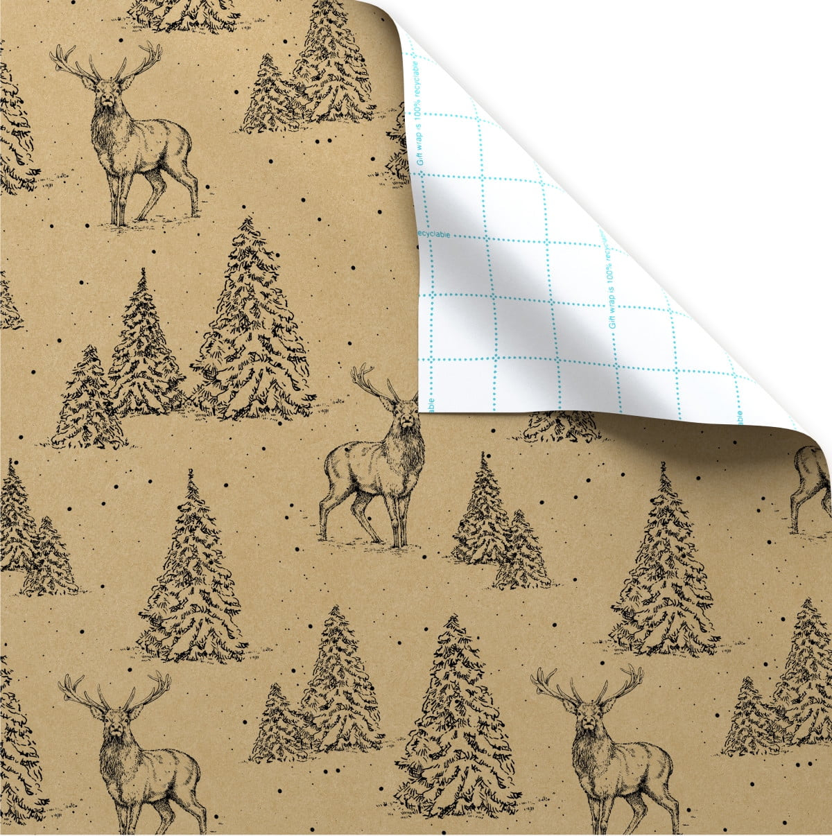 Brown and Black Stag Reindeer Kraft Christmas Wrapping Paper, 160 Sq Ft, by