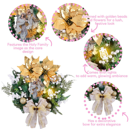 Christmas Wreath with Golden Poinsettia & Lights, 16-Inch Front Door Holiday Decor Wreath with Bow & Ornaments