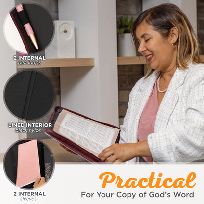 Protective Faux Leather Fashion Bible Cover Carry Case with Handle for Women: Strong and Courageous - Joshua 1:9 Inspirational Bible Verse - Merlot Floral Rose Bouquet, Large