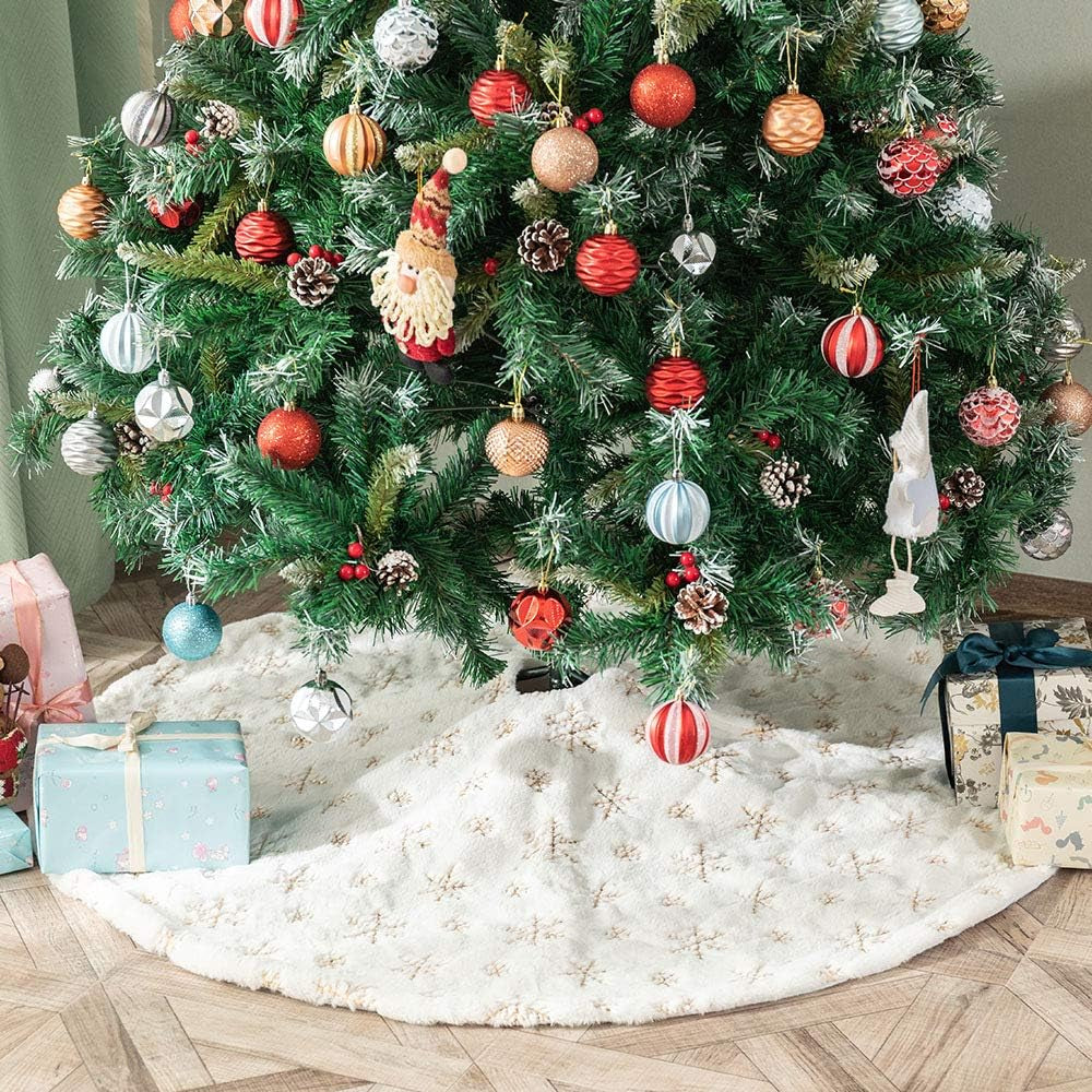 White Plush Christmas Tree Skirt - 90Cm Snow Fur Mat with Gold Sequin Snowflake Xmas Tree Skirt Base Cover for Christmas New Year Decorations (White, 35Inches)