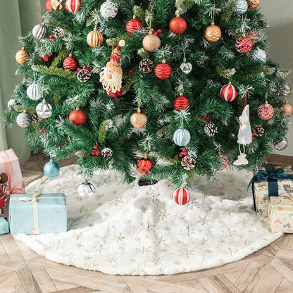 White Plush Christmas Tree Skirt - 90Cm Snow Fur Mat with Gold Sequin Snowflake Xmas Tree Skirt Base Cover for Christmas New Year Decorations (White, 35Inches)