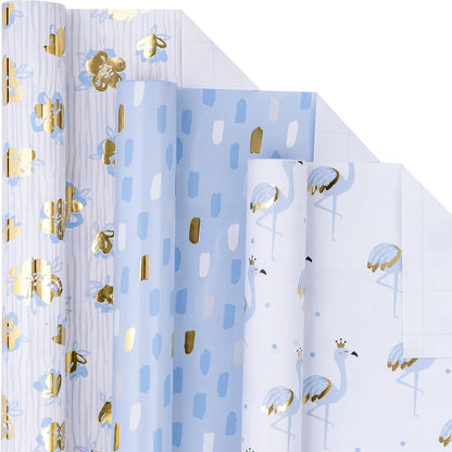 Gold Foil Wrapping Paper - Mini Roll - Flower/Flamingo/Terrazzo Print for Wedding, Bridal Shower, Birthday - 17 X 120 Inches - 3 Rolls (42.5 Sq.Ft.Ttl.)