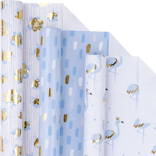 Gold Foil Wrapping Paper - Mini Roll - Flower/Flamingo/Terrazzo Print for Wedding, Bridal Shower, Birthday - 17 X 120 Inches - 3 Rolls (42.5 Sq.Ft.Ttl.)