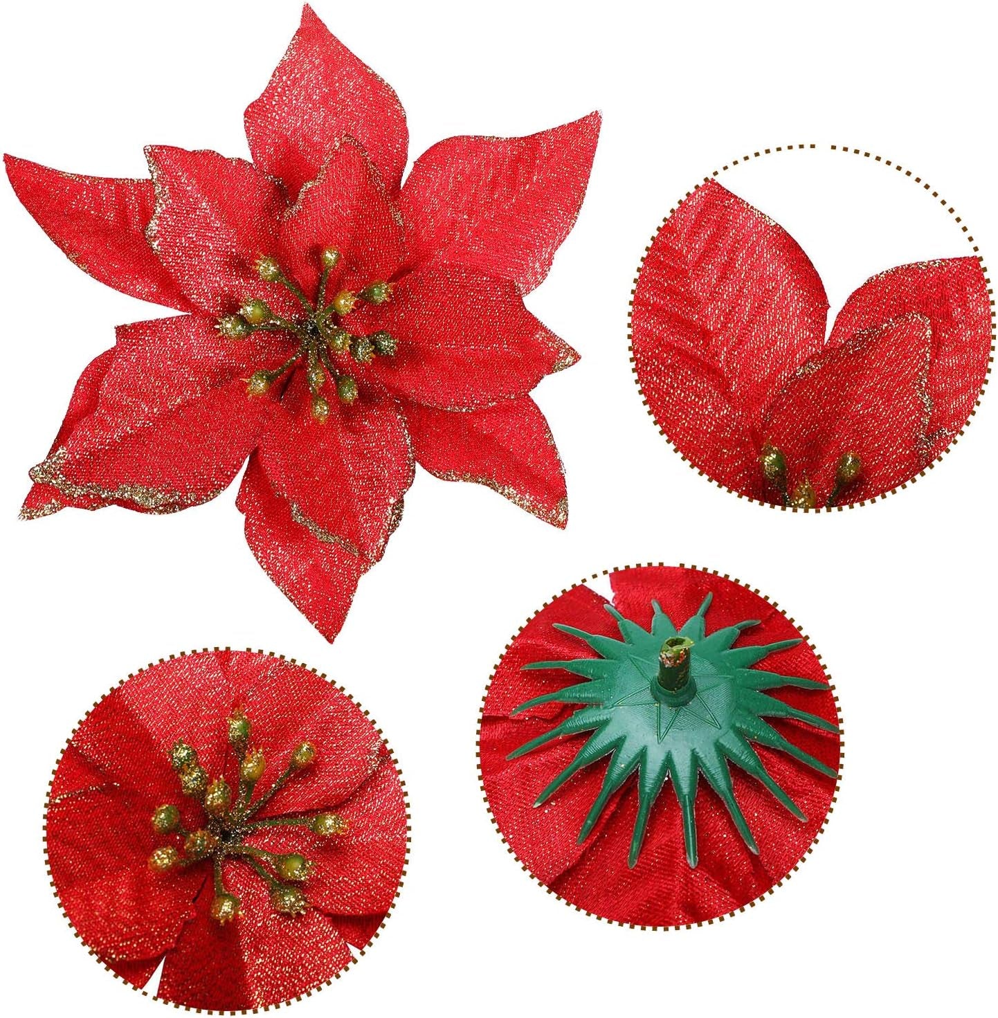 45 Pieces Christmas Poinsettia Decorations Glitter Poinsettia Flowers Tree Flowers for Xmas Tree Ornaments, 5 Inch(Red)