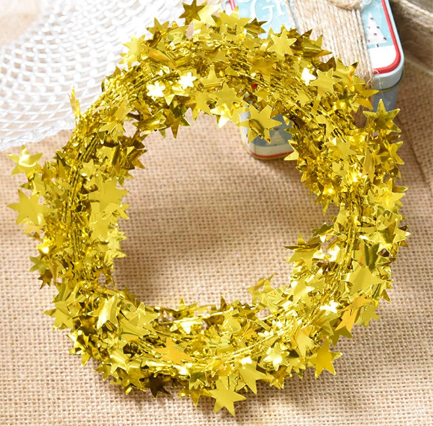 25 FT Star Tinsel Garlands with Wire Star String Decor for Christmas Tree Party Decoration Festive Ornament, 2 Pack (Gold)