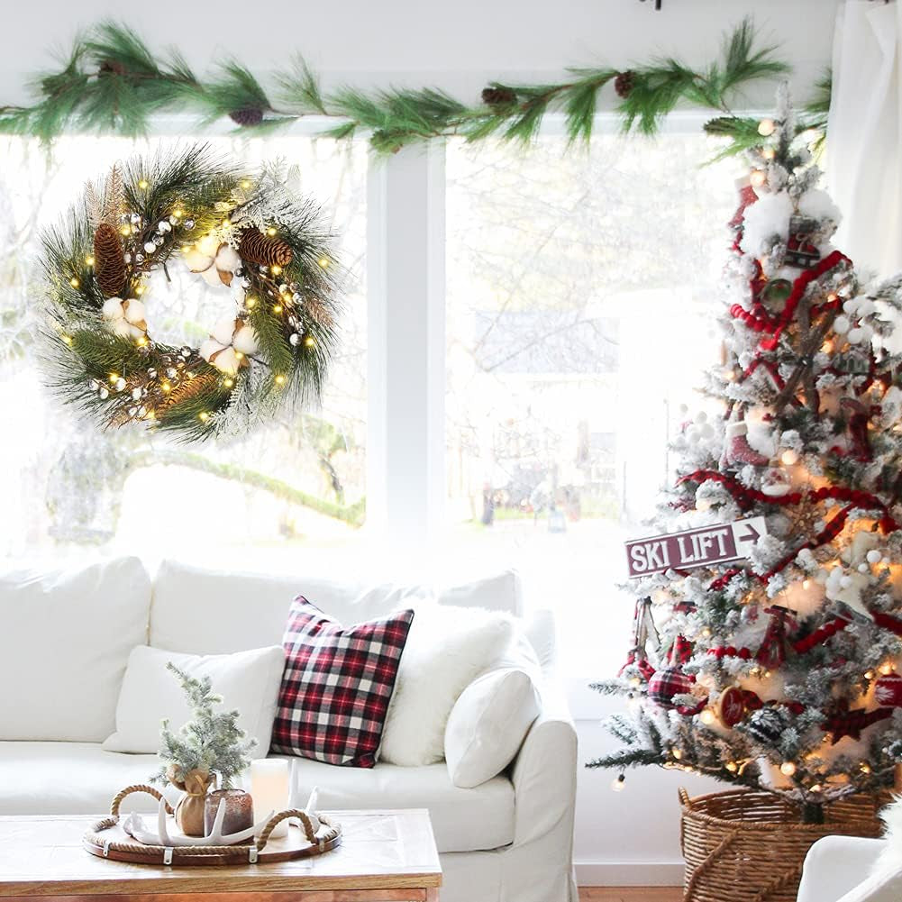 Christmas Wreath 20" Christmas Front Door Wreath Ornament with LED Lights Pinecone Berries Artificial Pine Garland for Party Table Fireplaces Porch Walls New Years Halloween Home Décor