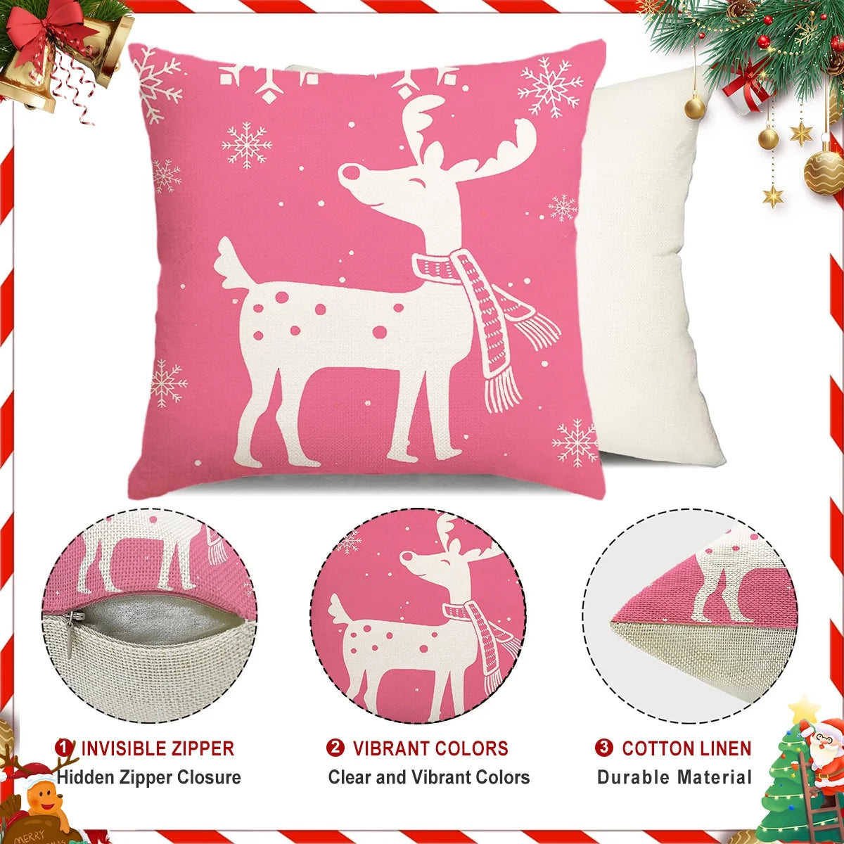 Christmas Throw Pillow Covers 18''X18'' Set of 4 Decorative Holiday Pillows Cover Cases Farmhouse Decor for Xmas Decoration Home Couch Sofa, Pink