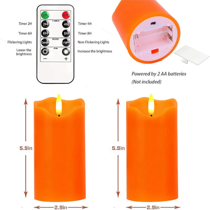 Flameless Candles Lights, Set of 2 Orange Flickering LED Candles with Remote & Timer, Dimmable LED Pillar Candles Battery Operated, Electric Candles for Fall Halloween Thanksgiving Decor