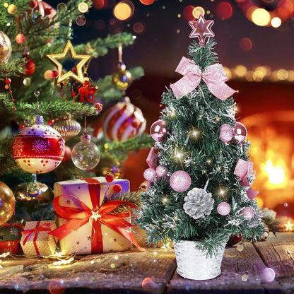 Mini Christmas Tree, 18" Artificial Small Christmas Tree with LED String Lights, Tabletop Christmas Tree with Pine Cones Christmas Balls Ornaments for Christmas Decorations