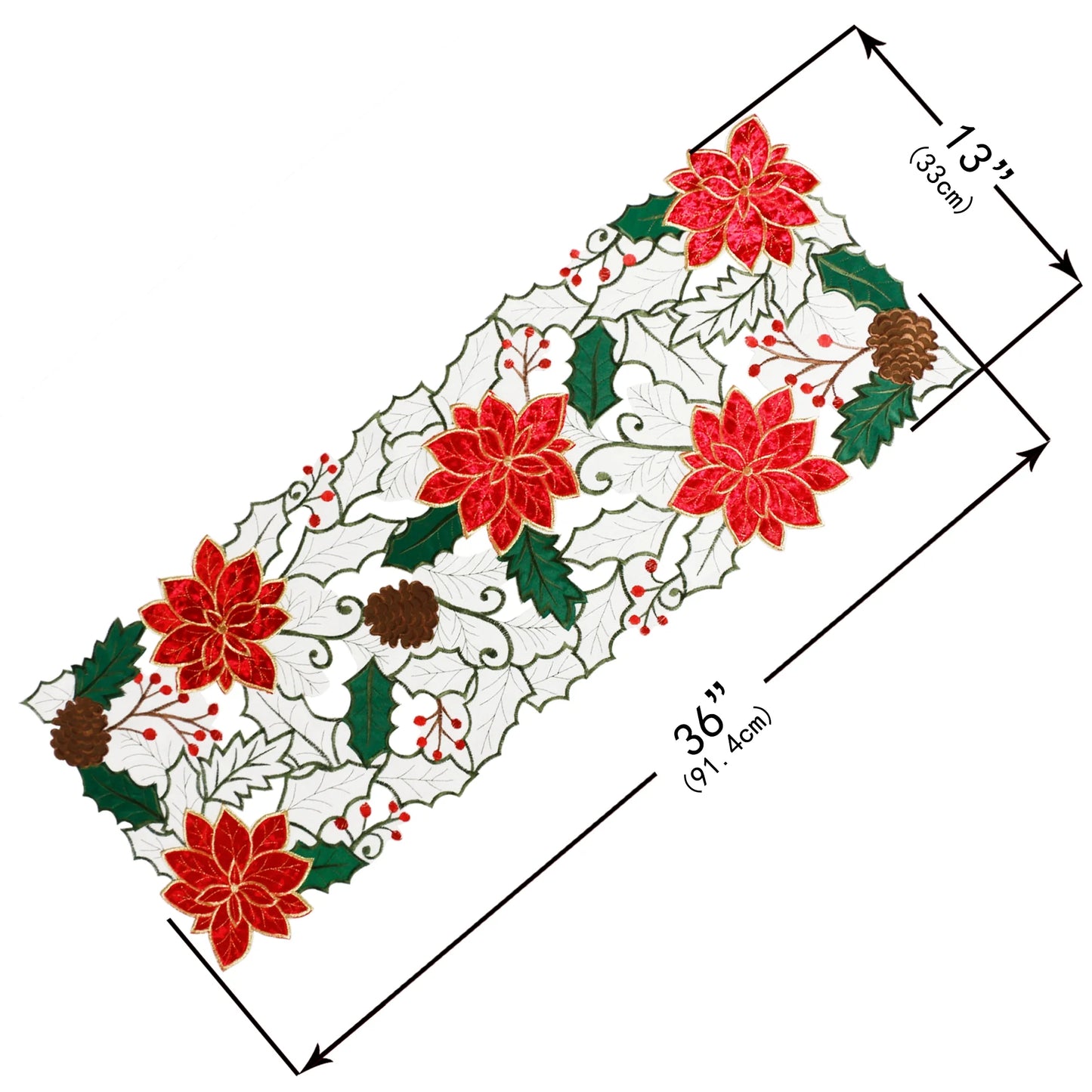 Christmas Table Runner Decorations Red Poinsettia Embroidered 36 Inches Long Flower Table Decor Applique Cutwork Holiday Festive Short Table Decorations, 13X36 Inch