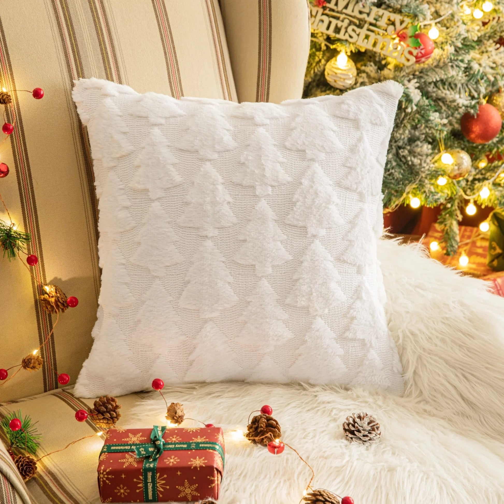 Set of 2 Christmas Tree Throw Pillow Covers, Soft Faux Fur Decorative Xmas Throw Pillows for Couch Sofa Holiday Winter Decor