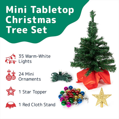 22” Mini Christmas Tree with Lights Ornaments and Presents - Small Christmas Tree with Lights Christmas Table Decorations | Little Christmas Tree - Warm White, Green