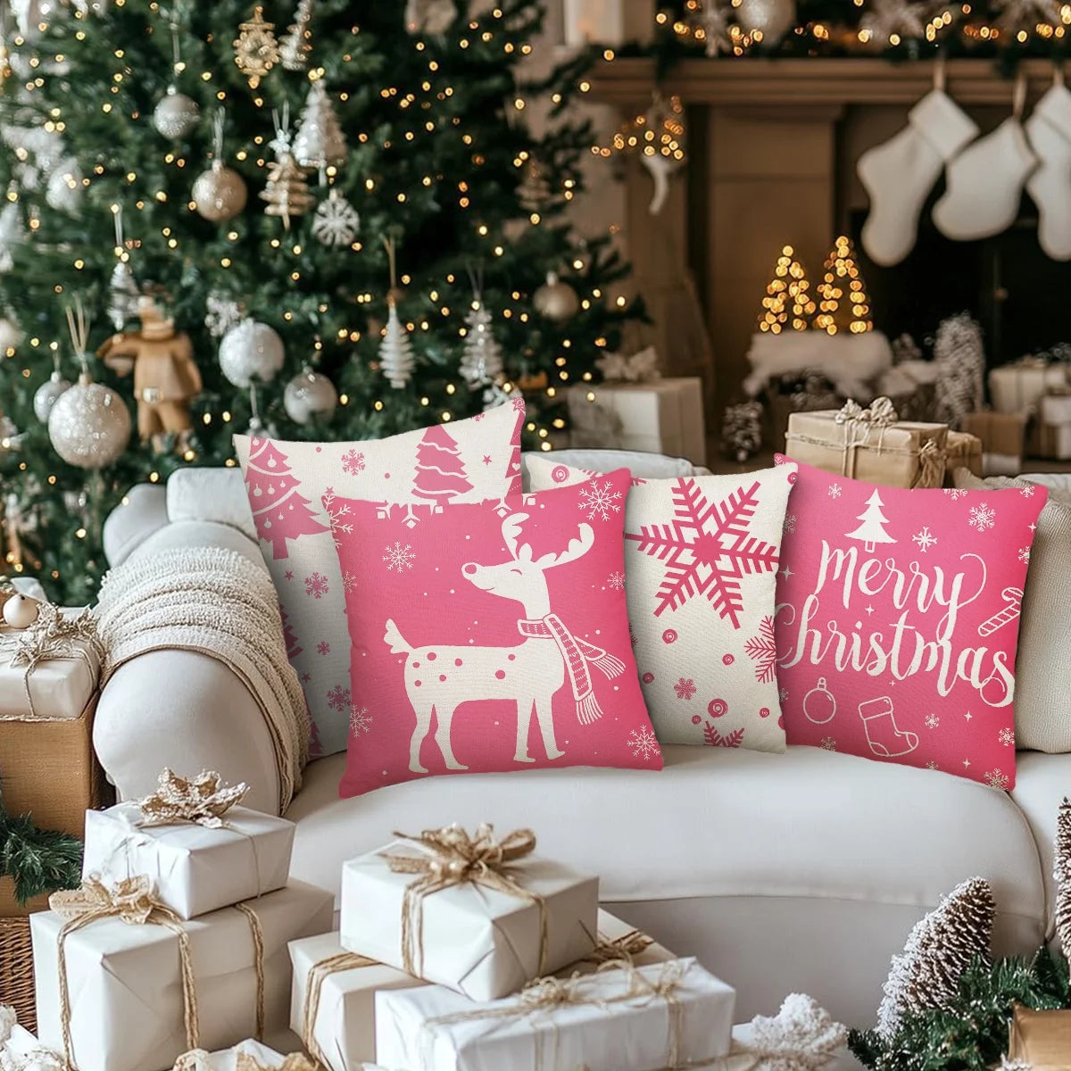 Christmas Throw Pillow Covers 18''X18'' Set of 4 Decorative Holiday Pillows Cover Cases Farmhouse Decor for Xmas Decoration Home Couch Sofa, Pink