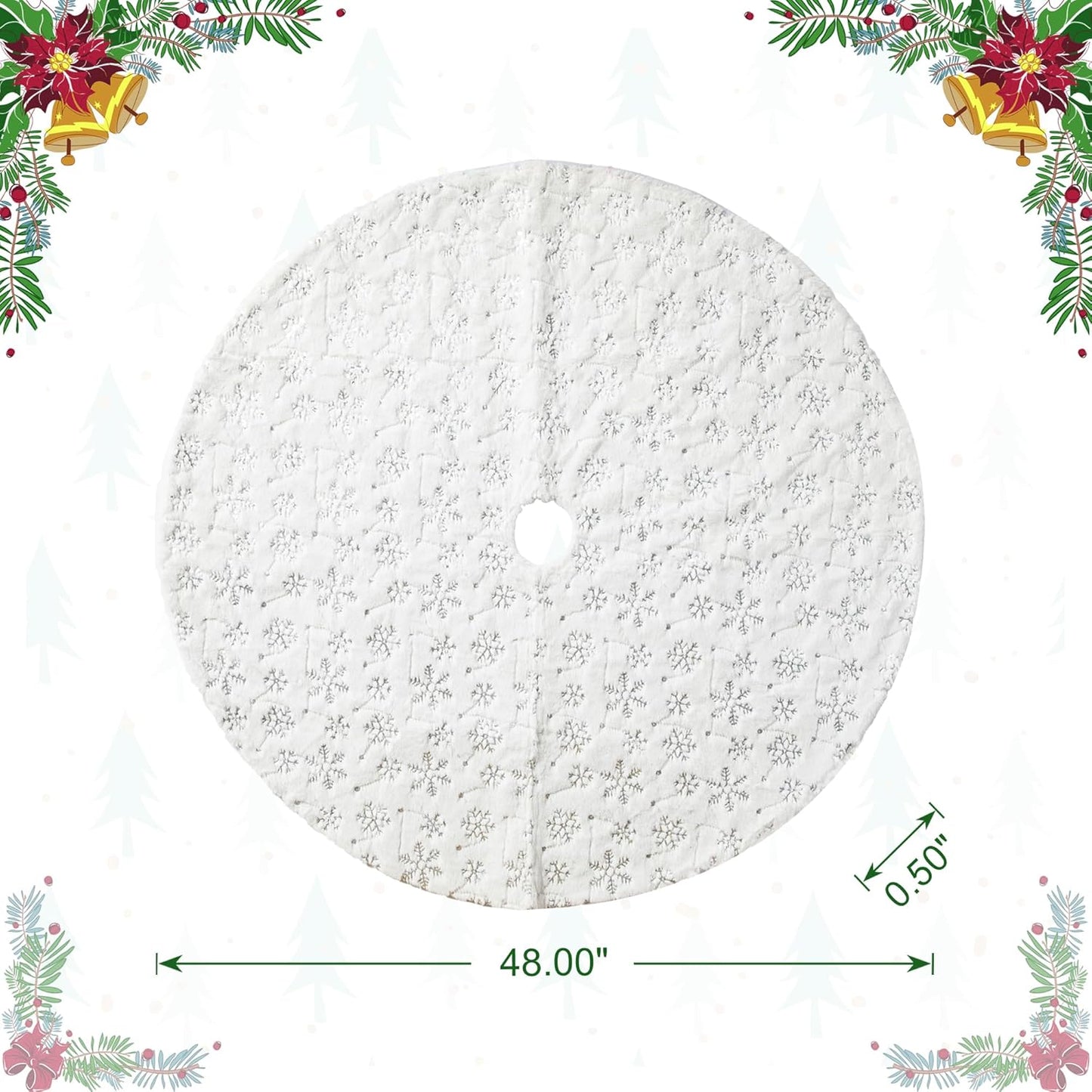 48" D White Plush Christmas Tree Skirt with Snowflake,Xmas Tree Ornaments Skirt for Holiday Christmas Party Home Decorations
