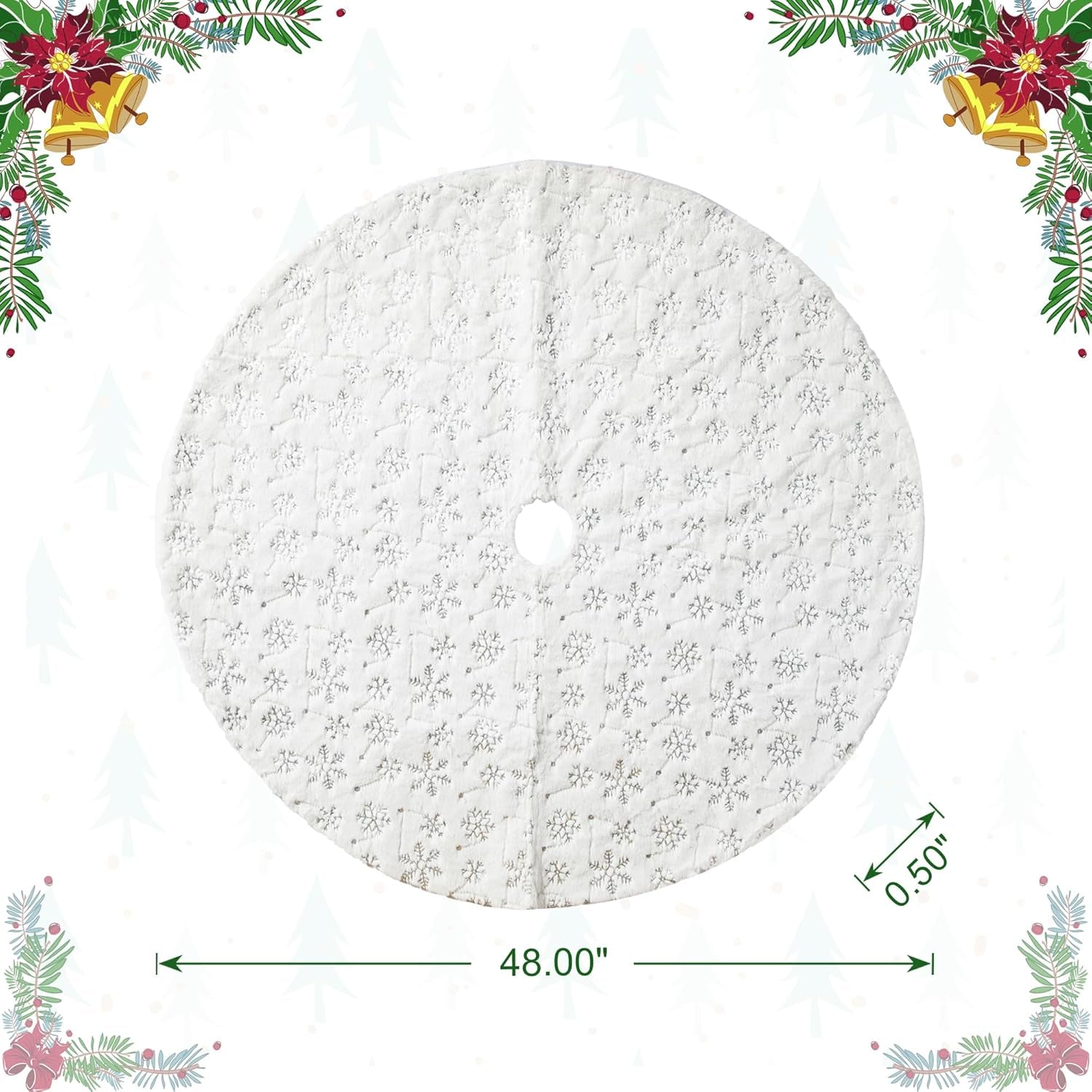 48" D White Plush Christmas Tree Skirt with Snowflake,Xmas Tree Ornaments Skirt for Holiday Christmas Party Home Decorations