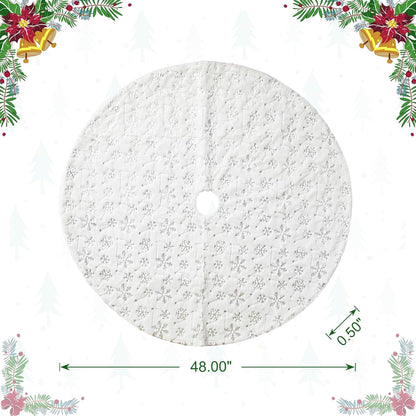 48" D White Plush Christmas Tree Skirt with Snowflake,Xmas Tree Ornaments Skirt for Holiday Christmas Party Home Decorations