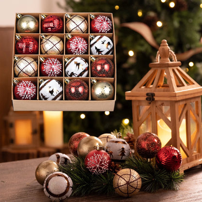 16Ct 2.36 Inches Christmas Decor, Shatterproof Rustic Red White Copper Assorted Hanging Christmas Ball Ornaments for Party and Christmas Gift