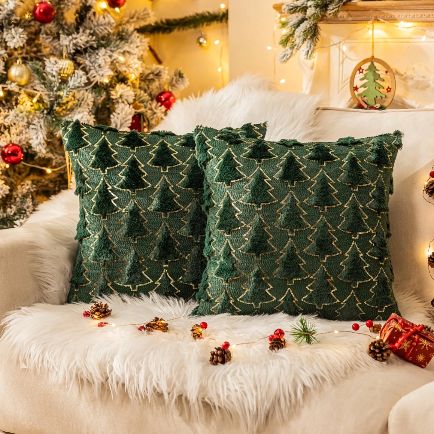Christmas Tree Throw Pillow Covers, Soft Faux Fur Sequins Throw Pillows for Couch Sofa Bed Room Cushion Covers Holiday Decorations