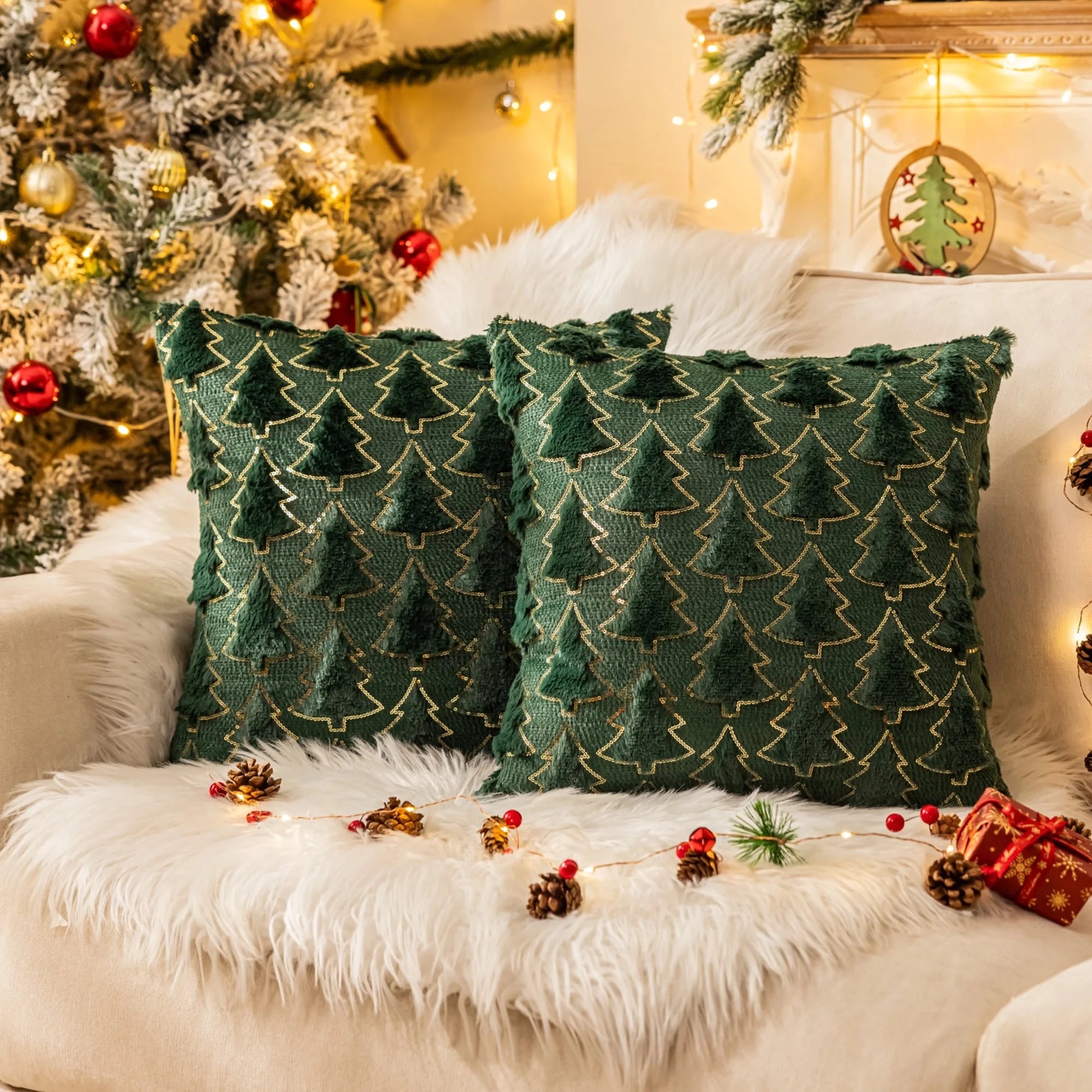 Christmas Tree Throw Pillow Covers, Soft Faux Fur Sequins Throw Pillows for Couch Sofa Bed Room Cushion Covers Holiday Decorations