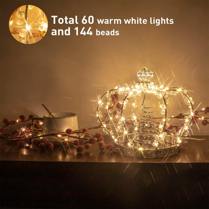 Illuminated Jeweled Crown Tree Topper with 60 Warm White Lights, Metal Design